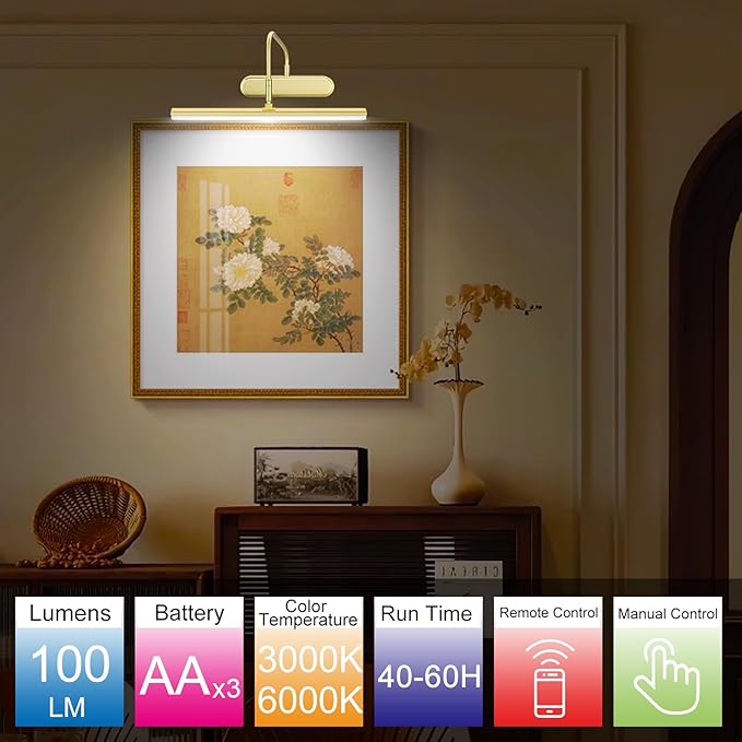 Picture Light,3AA Battery Art Lights for Paintings,Wireless Wall Lighting,Remote Control Accent Light with Timer and Dimmable for Frame,Portrait,Dartboard-Brass