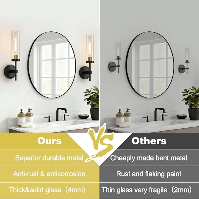 Wall Sconces Set of Two, Black and Gold Bathroom Sconces with Clear Glass, Hardwired Sconces Wall Decor Set of 2, Modern Wall Light Fixtures for Bathroom Mirror Living Room Bedroom Hallway