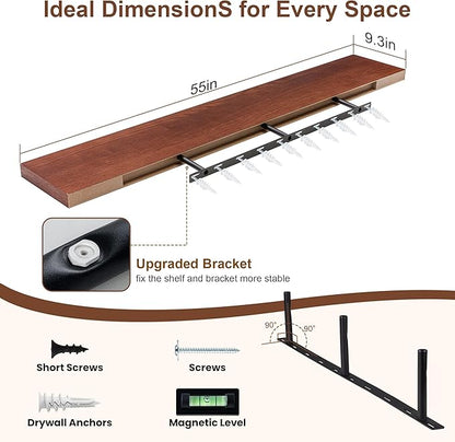 RICHFOCUS Floating Shelves for Wall | 55W x 9.3D Rustic Floating Shelves with Solid Ash Wood Veneer Set of 1 | Long Wall Shelves with Upgraded Brackets | for Living Room Bathroom Home Office