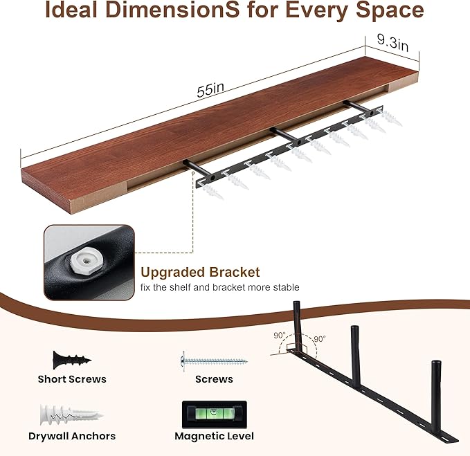 RICHFOCUS Floating Shelves for Wall | 55W x 9.3D Rustic Floating Shelves with Solid Ash Wood Veneer Set of 1 | Long Wall Shelves with Upgraded Brackets | for Living Room Bathroom Home Office