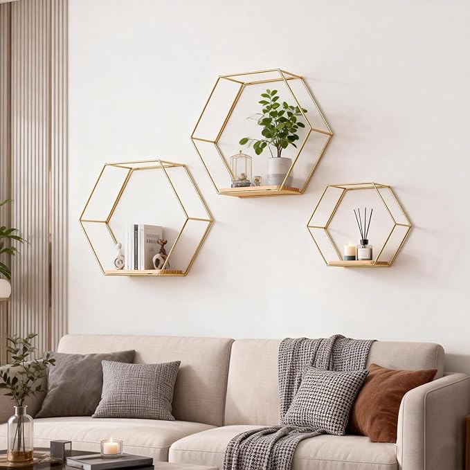 3 Pieces Hexagon Floating Shelves, Hexagon Wall Shelves, Gold Metal Wall Shelves with Wooden Panels – Modern Wall Decor for Bedroom, Living Room & Office Storage (Gold)