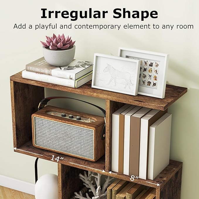 LOKO 3-Tier Geometric Bookshelf, S-Shaped Open Bookcase, Freestanding Decorative Storage Shelving, Home Storage Organizer for Living Room, Bedroom, Home Office (1, Rustic Brown)