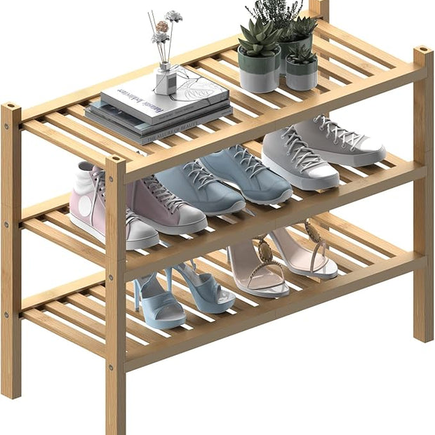 (Thick Bamboo Shoe Rack for Entryway, 3-Tier Free Standing Shoe Racks Stackable Shoe Rack Organizer for Hallway Closet Living Room 27 x12 x21 Inches