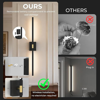 Battery Operated Wall Sconce Set of Two - 10000mAh Cordless Rechargeable Wall Sconces with Remote & Touch Control, 360°Rotate, 4CCT Dimmable Black Wall Lights for Bedroom Living Room, 31.5 inch