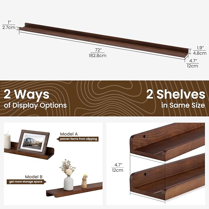 72 Inch Floating Shelves for Wall | Wood Picture Ledge Shelf Set of 2 | Solid Ash Wood Floating Shelves with Lip | Picture Shelf for Wall with Ledge | Photo Ledge Shelves