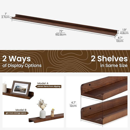72 Inch Floating Shelves for Wall | Wood Picture Ledge Shelf Set of 2 | Solid Ash Wood Floating Shelves with Lip | Picture Shelf for Wall with Ledge | Photo Ledge Shelves