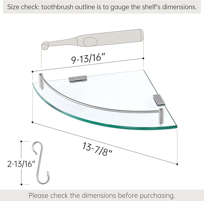 KES Glass Corner Shelf for Bathroom Corner Shelf 2 Pack Tempered Glass Shelf with Rail SUS 304 Stainless Steel Wall Mounted Brushed Finish, BGS2101A-2-P2