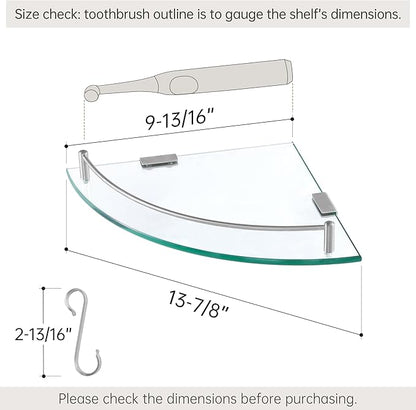 KES Glass Corner Shelf for Bathroom Corner Shelf 2 Pack Tempered Glass Shelf with Rail SUS 304 Stainless Steel Wall Mounted Brushed Finish, BGS2101A-2-P2