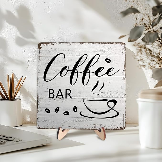 Coffee Bar Decor Sign – Rustic Wooden Plaque for Coffee Station, Farmhouse Cafe Shelf Accessories, Desk or Kitchen Counter Decor,Birthday,Mother Day Gift 5.9 x 5.9 Inch