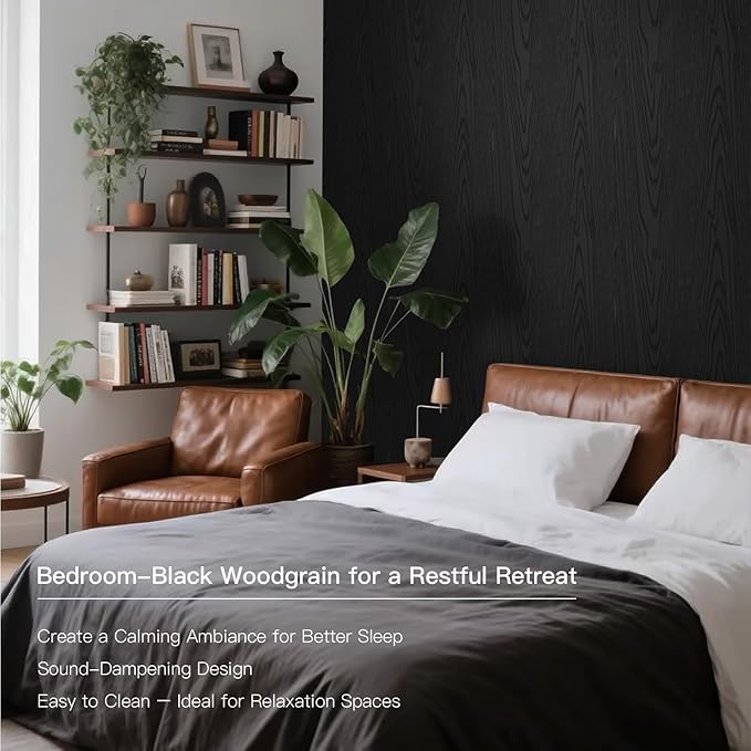 Ismoon Black Contact Paper Peel and Stick Wallpaper 17.5''x236''Wood Grain Contact Paper for Cabinets and Drawers Removable Self-Adhesive Modern Renter Friendly Wallpaper for Desk Countertops Vinyl