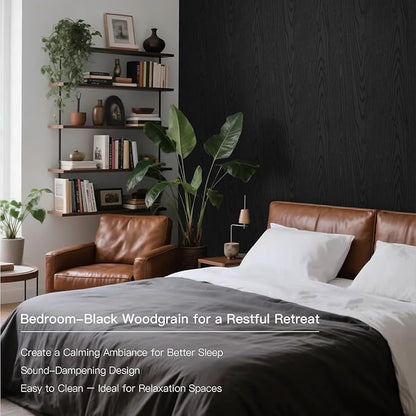 Ismoon Black Contact Paper Peel and Stick Wallpaper 17.5''x236''Wood Grain Contact Paper for Cabinets and Drawers Removable Self-Adhesive Modern Renter Friendly Wallpaper for Desk Countertops Vinyl