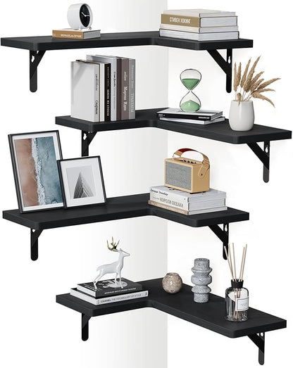 AMADA HOMEFURNISHING Corner Floating Shelves, Set of 4 Corner Wall Shelves, Shelves for Wall Decor, Corner Wood Shelves for Home Decor, Office, Bedroom, Bathroom, Laundry Room, Kitchen, Black