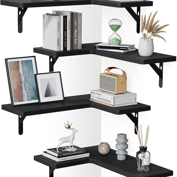 AMADA HOMEFURNISHING Corner Floating Shelves, Set of 4 Corner Wall Shelves, Shelves for Wall Decor, Corner Wood Shelves for Home Decor, Office, Bedroom, Bathroom, Laundry Room, Kitchen, Black