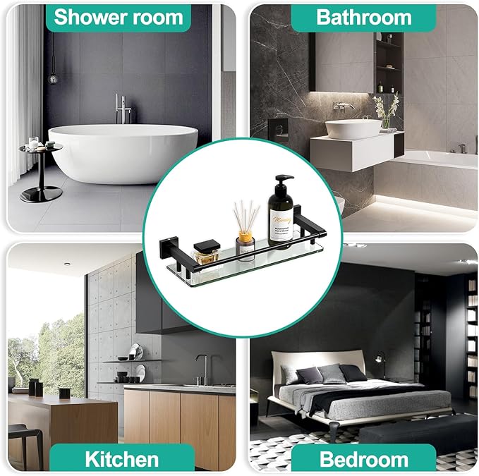 Glass Shelf 16IN for Bathroom Black Rectangular Stainless Steel Tempered Glass Modern Wall Mount Shelf Sink Over Toilet Bathroom Organizer (Matte Black, 16‘’)