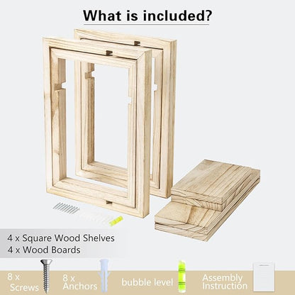 idee-home Floating Shelves for Wall, Rustic Square Hanging Floating Shelves Set of 4 Wood, Wall Decor Mounted Bathroom, Living Room, Kitchen Storage