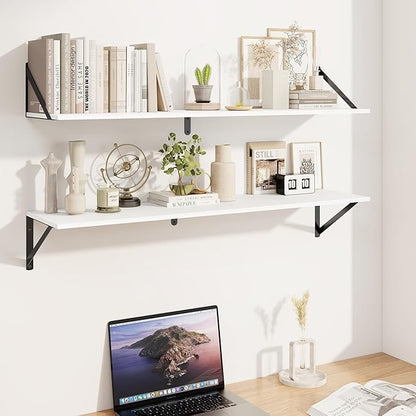 Heimlove White Deep Floating Shelves for Wall, 40W x 8D Wood Wall Shelves Set of 2, Wide Floating Bookshelf for Living Room, Kitchen, Office, Bedroom and Decor Storage, with Black Bracket - White