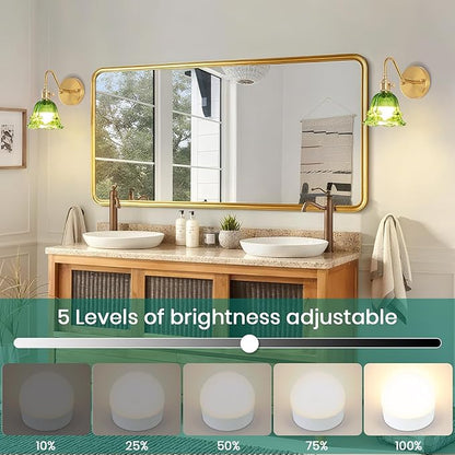 Battery Operated Wall Sconces, Set of Two RGB Color Dimmable Wall Sconce with Remote, Green Glass Lampshade Wall Decor Set of 2 for Living Room, Bedroom, Bedside, Bathroom