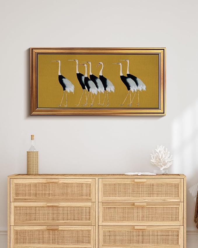 HUARCEY Gold Framed Vintage Wall Art for Living Room, Animals Painting Prints Shelf Decor for Kitchen, Aesthetic Bedroom Wall Art Decor, Christmas Gifts for Friends or Family (Seven Cranes 20