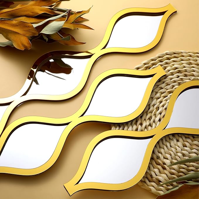 Yulejo 6 Pcs Acrylic Teardrop Mirror Decor - Narrow Wall Decor Boho Vintage Wall Art for Apartment Home Living Room Bathroom Bedroom Hallway (Gold Edge)