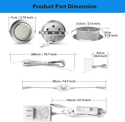 LED Puck Lights Wired Under Cabinet Lighting Dimmable,Round Cabinet Lights Plug In for Bookshelf,Kitchen Counter,Display Case,Curio,Ceiling,6000K Cold White,2.5In Hole Recess Mount,6W,480LM Total,3pcs