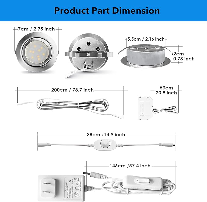 Under Cabinet Lighting Dimmable LED Puck Lights,Recessed Mount,12V Low Volt,60mm Cutout Haolgen Bulb Replace,Small Puck Light Plug in for Curio,Book Case,Display Shelf,6000k Cold White,6pcs