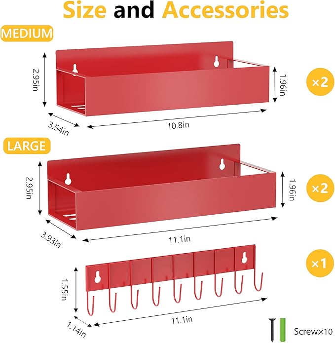Magnetic Spice Rack Organizer for Fridge Seasoning Organizer for Kitchen storage with Screw Magnetic Shelf with Hook for Refrigerator and Oven (4pack1hook-Red)
