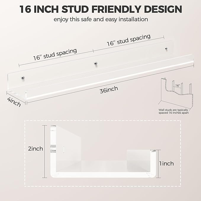 HBlife 36 Inches Invisible Wall Floating Bookshelf for Kids and Nursery, 16 Inch Stud Spacing Clear Acrylic Shelves for Figures, 4 Pack (5MM Thick)