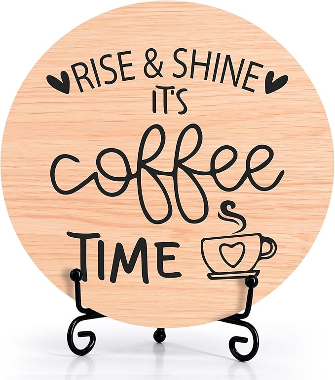 Coffee Desk Decor Sign, Farmhouse Wood Plaque, It Is Coffee Time Wood Sign, Cafe Lover Gifts, Decor For Home Kitchen Table Top, Wooden Round Decorations With Stand-16
