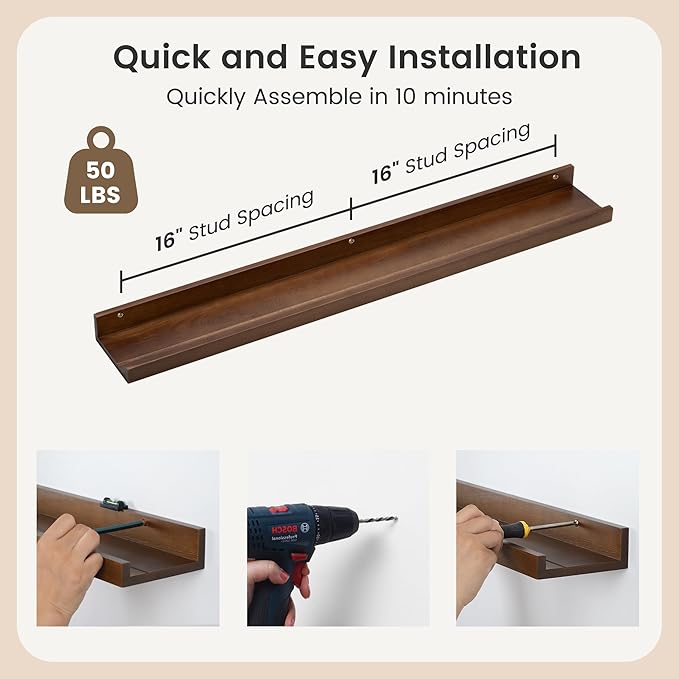 Picture Ledge Shelf for Wall, 36 inch Solid Ash Wood Nursery Book Shelves 2 Packs, Floating Shelves for Kids' Room Bedroom Bathroom Living Room Photo Frames Office Nursey Wall Decor, Walnut