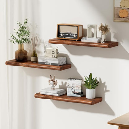 Floating Shelves for Wall Rustic Farmhouse 24 Inch Floating Shelf Wooden Shelves for Wall Mounted Live Edge Pine Shelf with Unique Natural Grain for Living Room Bedroom Kitchen (Golden Oak Finish)
