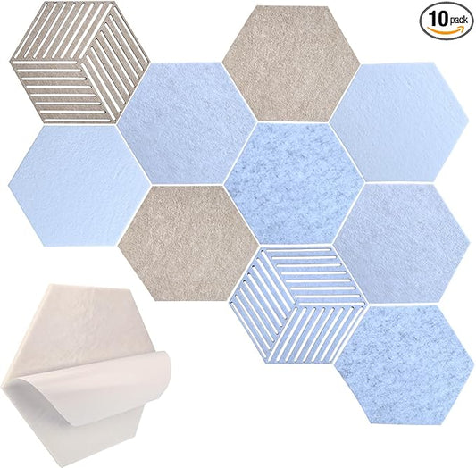 12" Hexagon Acoustic Panels Self-Adhesive (10 Pack) | Decorative Sound Dampening Wall Tiles with 3D Hollow Patterns | High-Density Polyester Soundproofing Padding for Home Office & Studio