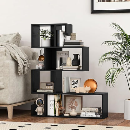 Giantex 5-Tier S-Shaped Bookshelf, Geometric Bookcase w/Open Cubes, Modern Decorative Display Shelf w/Anti-Toppling Kits, Freestanding Storage Rack for Living Room, Study, Home, Office, Black