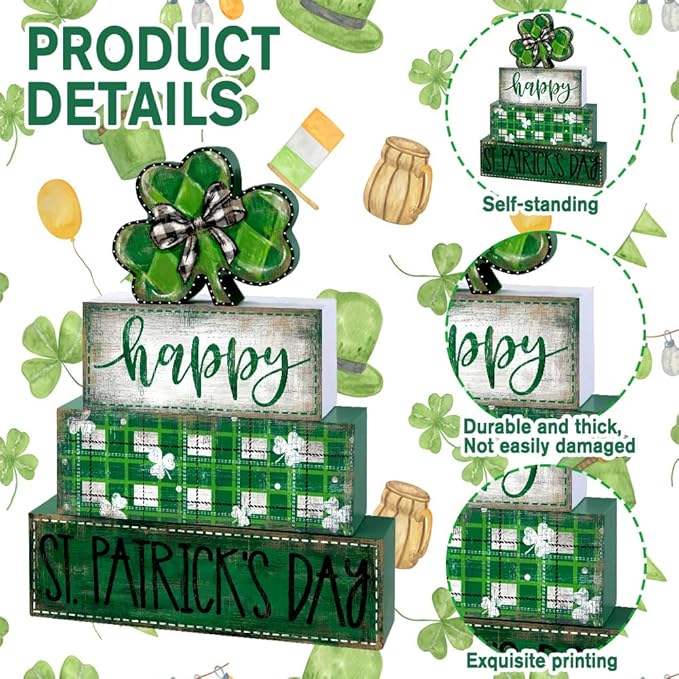 DIYDEC 4Pcs St.Patrick's Day Table Decoration Shamrocks Wooden Block Signs Rustic St. Patrick Tiered Tray Decor Happy St.Patrick's Day Centerpiece Sign for Farmhouse Holiday Tabletop Home Party Decor