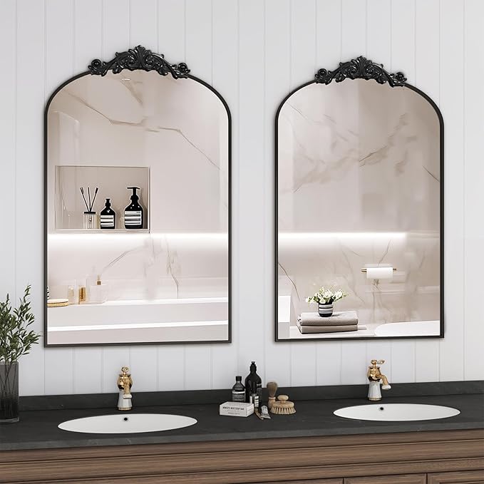 Vintage Wall Mirror, 24"x36" Arched Mirror for Vanity, Antique Decorative Mirrors with Carved Metal Frame for Bedroom, Living Room, Entryway, Fireplace, Hallway, Black