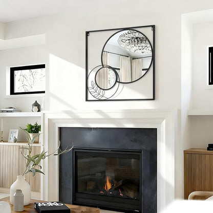 Black Square Mirror, Round Wall Mounted Mirror Set Circle Modern Decorative Mirrors for Living Room Bedroom Entryway 24x24 Inch Decor