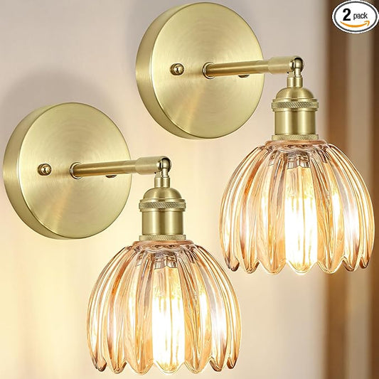 Hardwired Wall Sconces Set of Two, Vintage Wall Lights with Amber Tulip Glass Lampshade, Gold Wall Lamps for Bedroom Bedside Stairway Bathroom Living Room (Bulbs Not Included, Not Battery Powered)