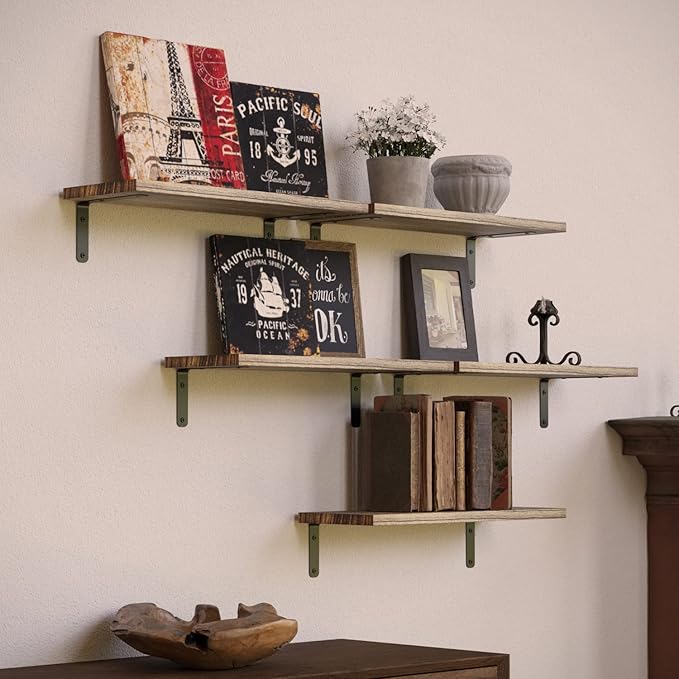 RICHER HOUSE Rustic Wood Shelves Set of 5, Farmhouse Style Floating Shelf for Wall Décor, Hanging Shelves for Bathroom, Bedroom, Storage, Kitchen, Living Room - Carbonized Black