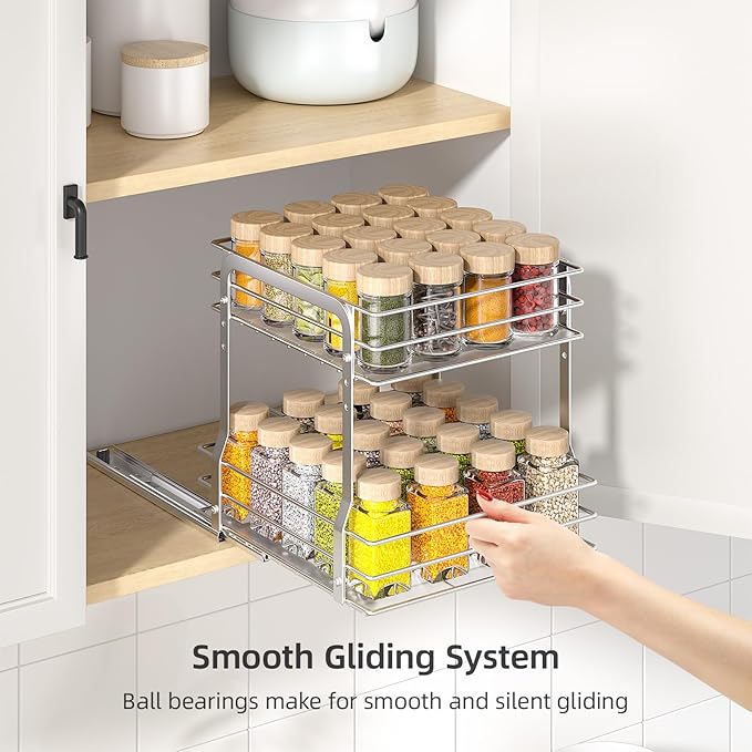 Pull Out Spice Rack Organizer for Inside Cabinet, 2 Tier Metal Spice Organization for Cabinet, Vertical Slide Out Seasoning Organizer, 9.65