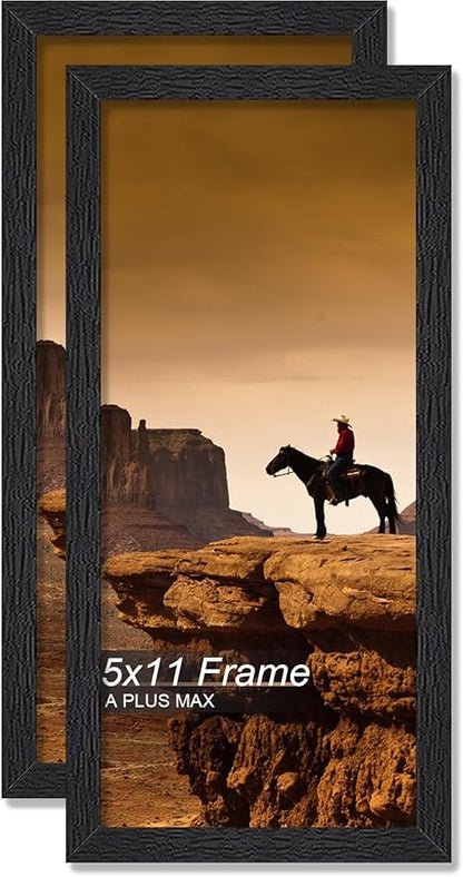 A PLUS MAX 5x11 Picture Frame Set of 2, Black Engineered Wood Frame for 5 x 11 Inch Picture Poster Photo, Light Weight 5 by 11 Frame with Wood-grain for Wall - 2 Pack/Black/5"x11"