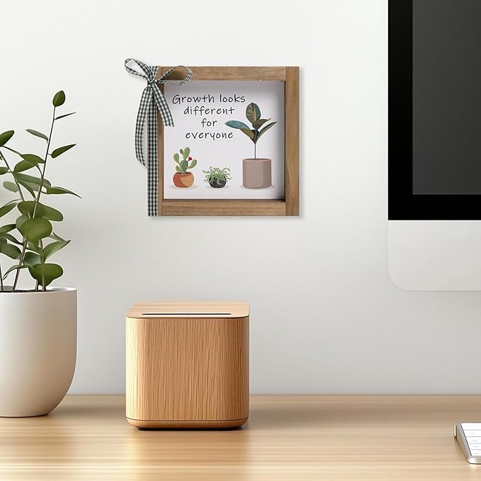 6 Inch Office Desk Decor, Wooden Growth Looks Different for Everyone Plant Sign, Rustic Motivational Art for Cubicle Table Shelf Classroom Inspirational Home Decorations