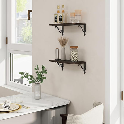 RICHFOCUS Floating Shelves for Wall Decor, 8 Inch Deep Shelves Set of 2, 16W x 8D Floating Shelves Wall Mounted with Metal Brackets, Rustic Wood Shelves for Living Room Bedroom Kitchen, Black