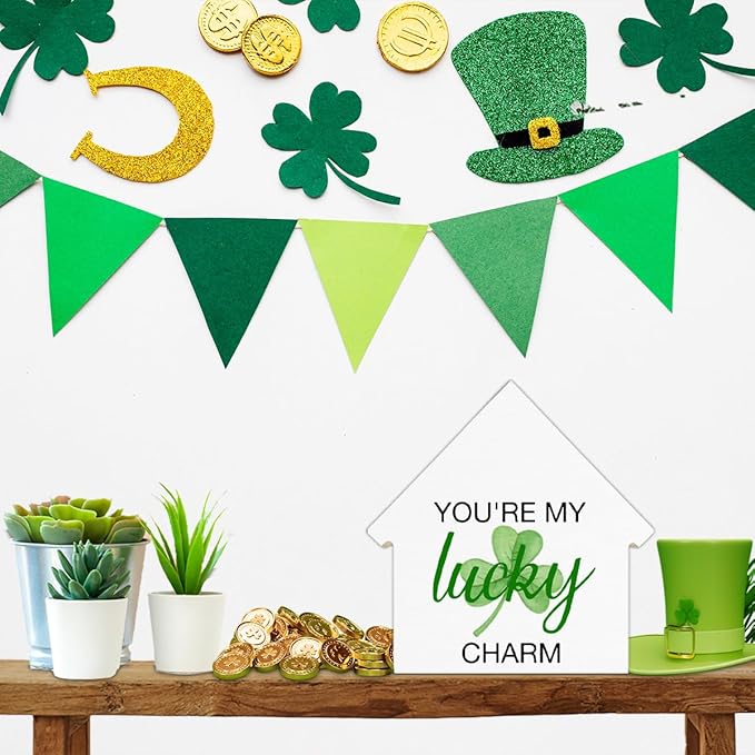 St. Patrick's Day Decor, Shamrock Decorations, Lucky Charm House Shaped Wood Block Sign, Home Decor for Desk Table Shelf, St Patricks Day Decorations