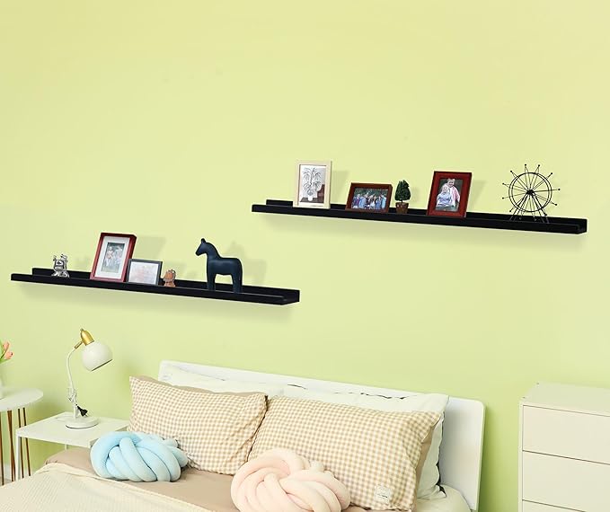 PHOENANCEE Long Floating Shelves for Wall 57 Inch,Real Wood Picture Ledge with Lip Set of 4,Photo Frame Storage Display for Living Room Nursery Bedroom Bathroom Kitchen Home Office Decor Rustic Black