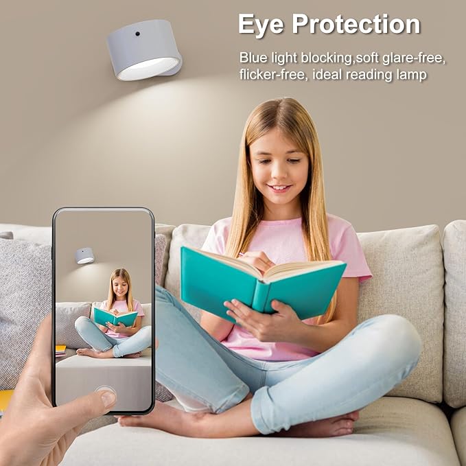 2PACK Romote LED Wall Sconce - Rechargeable Wall Light, 3 Colors & 3 Brightness Levels, 360? Magnetic Rotating Head, Bedside Reading Lamp, Easy Install Battery Operated Lamp White