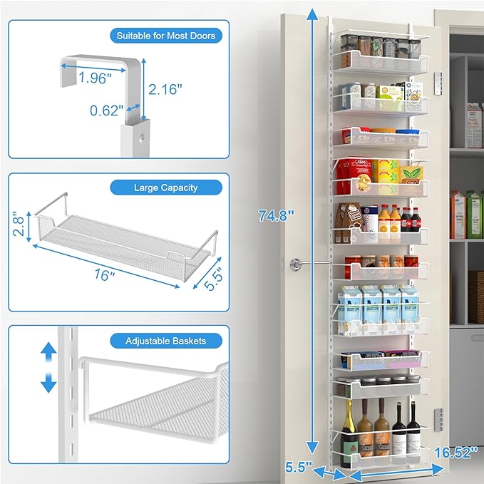 Over the Door Pantry Organizer, 10-Tier Over the Door Organizer with Adjustable Basket, Pantry Door Organization for Pantry Kitchen Storage Room Spice Rack, White