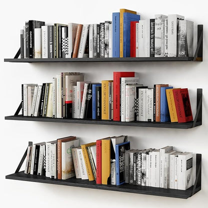 Forbena Floating Shelves 36 Inches Long 8 in Deep Set of 3, Large Wall Shelf for Bedroom Books, Heavy Duty Wide Wall Shelving for Living Room Office Kitchen Closet Organizers and Storage (Black)