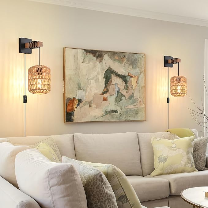 Rustic Wall Sconces Fixtures with Plug in Cord, Set of Two Indoor Vintage Rattan Wall Light Industrial Lamp Fixture Farmhouse Metal Sconces Light for Bedroom Bedside Living Room