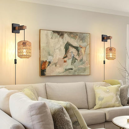 Rustic Wall Sconces Fixtures with Plug in Cord, Set of Two Indoor Vintage Rattan Wall Light Industrial Lamp Fixture Farmhouse Metal Sconces Light for Bedroom Bedside Living Room