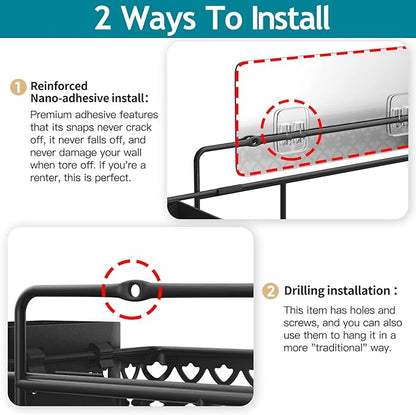 Hanging Spice Rack Wall Mount, Over Stove Spice Organizer Shelf with Wall Hanging Utensil Holder 6 Hooks for Kitchen, Black