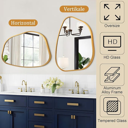 Irregular Wall Mirror, Asymmetrical Bathroom Mirror Decorative 18"x26" Gold Asymmetrical Mirrors Aviation Aluminum Alloy Frame for Bathroom, Living Room, Bedroom, Entryway